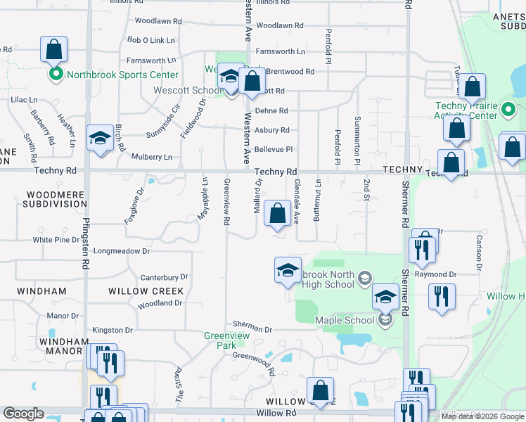 map of restaurants, bars, coffee shops, grocery stores, and more near 2129 Mallard Drive in Northbrook