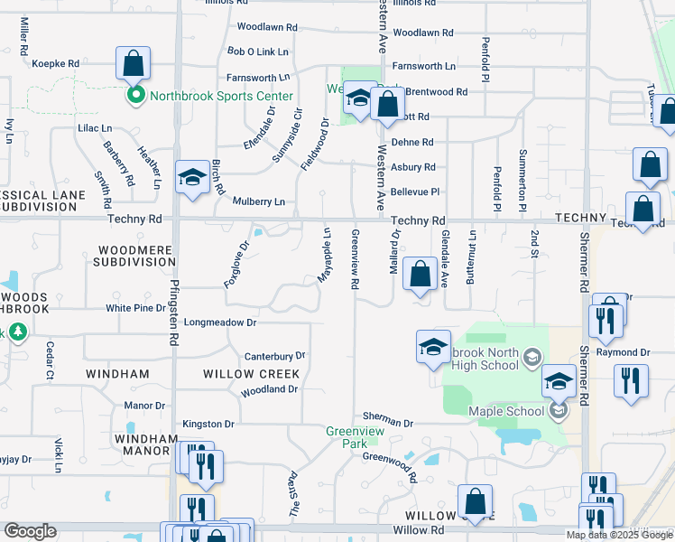 map of restaurants, bars, coffee shops, grocery stores, and more near 2104 Greenview Road in Northbrook