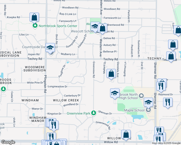 map of restaurants, bars, coffee shops, grocery stores, and more near 2104 Greenview Road in Northbrook