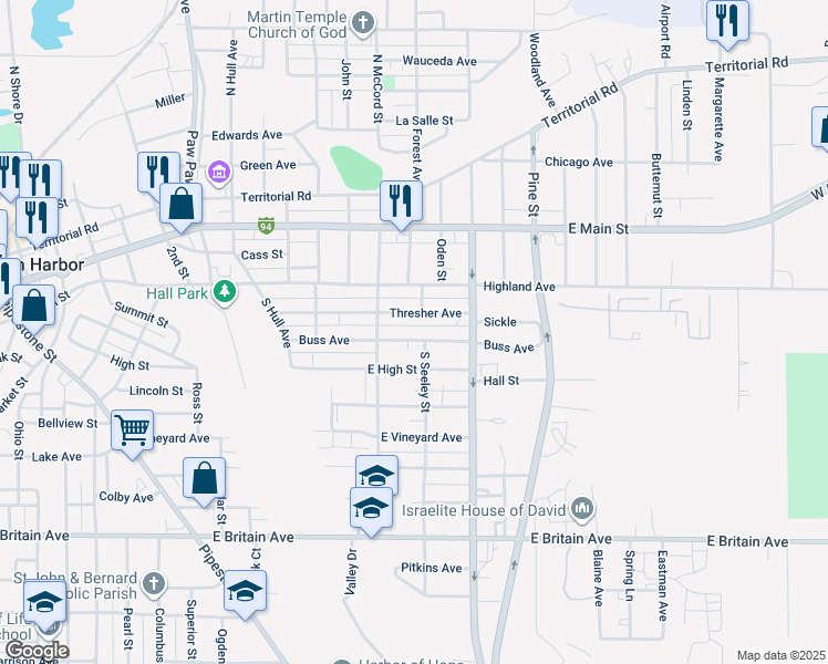 map of restaurants, bars, coffee shops, grocery stores, and more near 811 Thresher Avenue in Benton Harbor