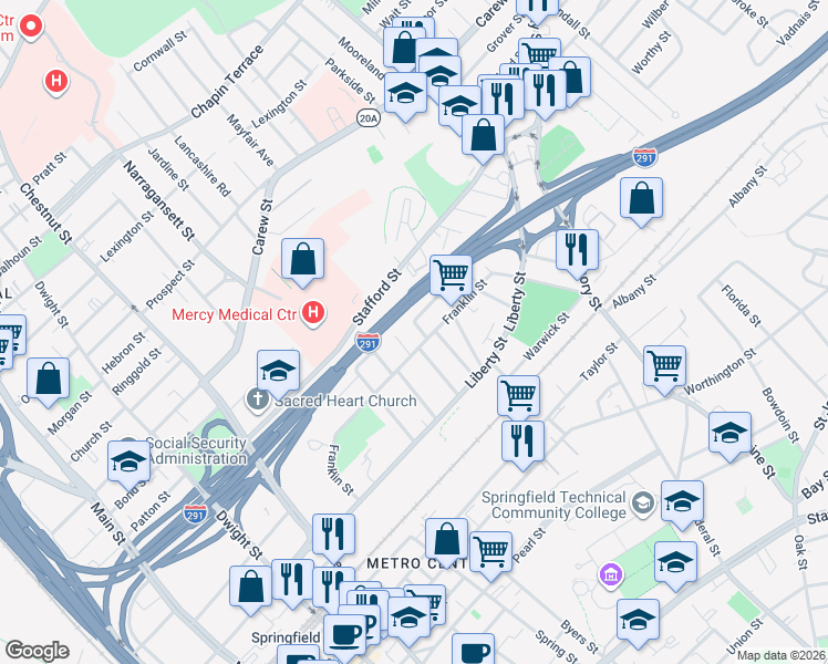 map of restaurants, bars, coffee shops, grocery stores, and more near 22 Halsey Street in Springfield