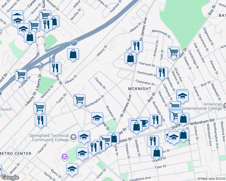 map of restaurants, bars, coffee shops, grocery stores, and more near 1104 Worthington Street in Springfield