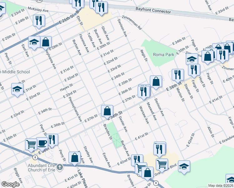 map of restaurants, bars, coffee shops, grocery stores, and more near 1277-1299 E 35th St in Erie