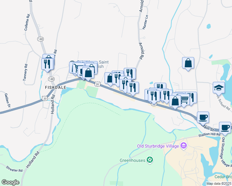 map of restaurants, bars, coffee shops, grocery stores, and more near 500 Main Street in Sturbridge