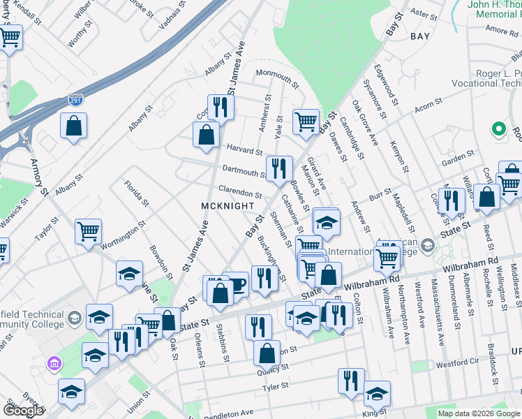 map of restaurants, bars, coffee shops, grocery stores, and more near 15 Clarendon Street in Springfield