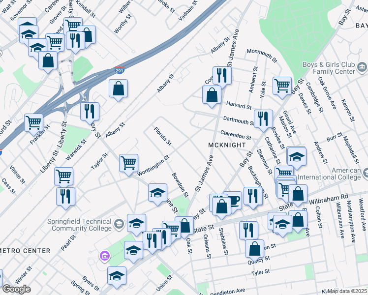 map of restaurants, bars, coffee shops, grocery stores, and more near 1104 Worthington Street in Springfield