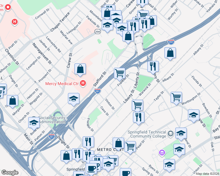 map of restaurants, bars, coffee shops, grocery stores, and more near 22 Halsey Street in Springfield