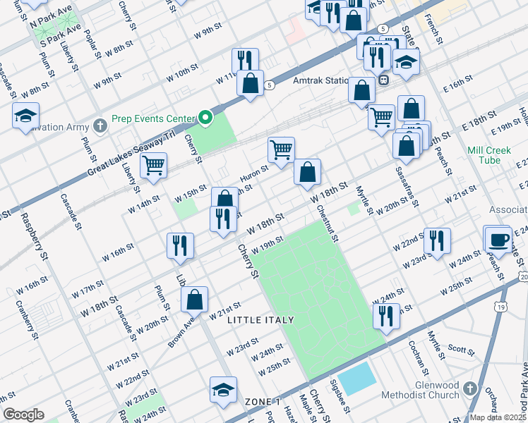 map of restaurants, bars, coffee shops, grocery stores, and more near 1621 Walnut St in Erie