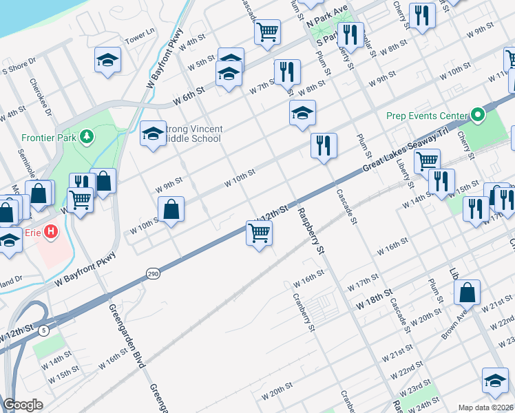 map of restaurants, bars, coffee shops, grocery stores, and more near 1025 Cranberry Street in Erie