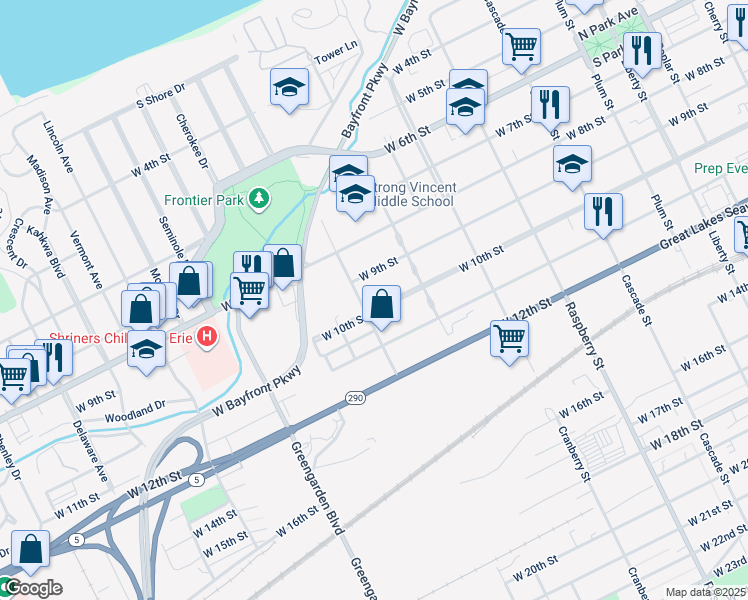 map of restaurants, bars, coffee shops, grocery stores, and more near 1317 19 W 9 Street in Erie