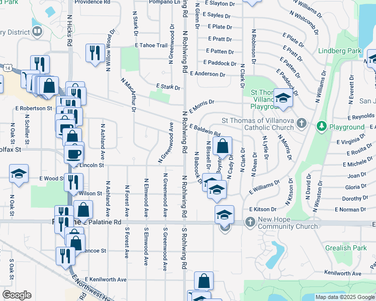 map of restaurants, bars, coffee shops, grocery stores, and more near 235 North Rohlwing Road in Palatine