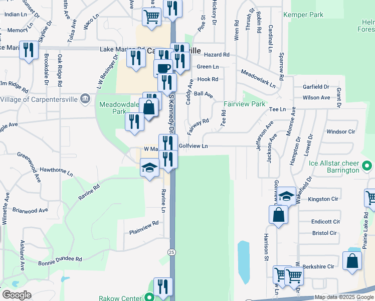 map of restaurants, bars, coffee shops, grocery stores, and more near 235 Fairway Road in Carpentersville