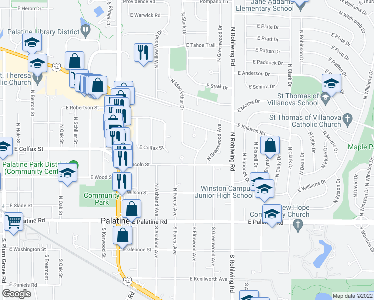 map of restaurants, bars, coffee shops, grocery stores, and more near 625 East Macarthur Drive in Palatine