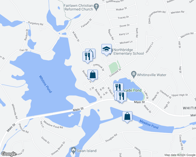 map of restaurants, bars, coffee shops, grocery stores, and more near 1 D Street in Northbridge