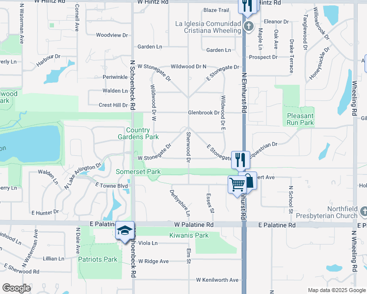 map of restaurants, bars, coffee shops, grocery stores, and more near 17 West Stonegate Drive in Prospect Heights