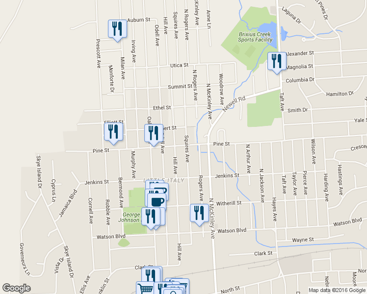 map of restaurants, bars, coffee shops, grocery stores, and more near 335 Squires Avenue in Endicott