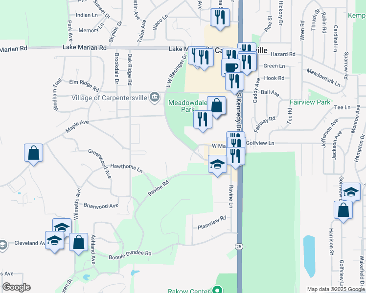 map of restaurants, bars, coffee shops, grocery stores, and more near 305 Lw Besinger Drive in Carpentersville