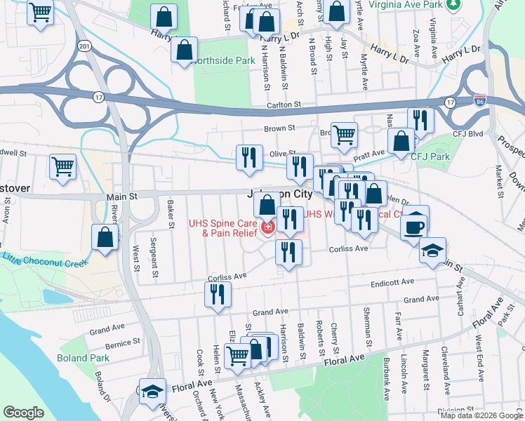 map of restaurants, bars, coffee shops, grocery stores, and more near 22 Harrison Street in Johnson City