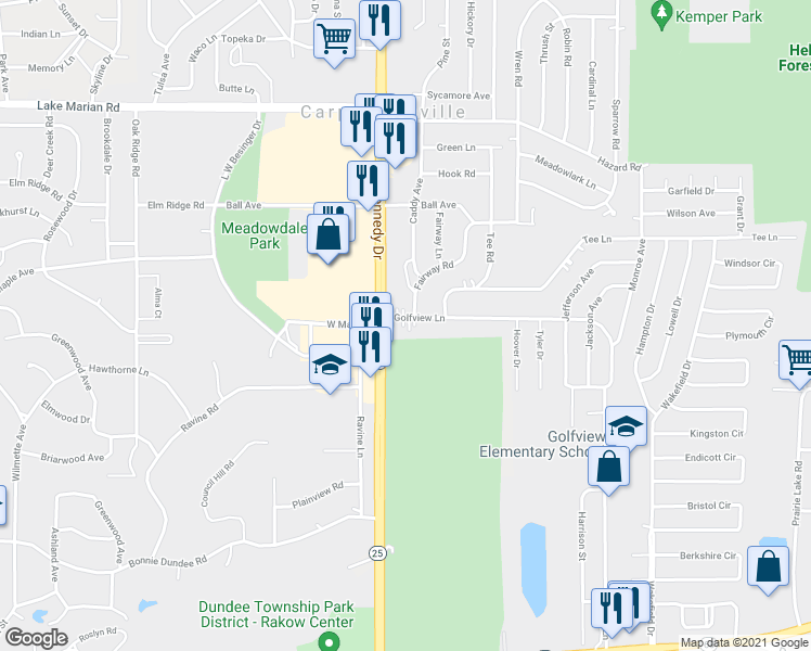 map of restaurants, bars, coffee shops, grocery stores, and more near 7 Golfview Lane in Carpentersville