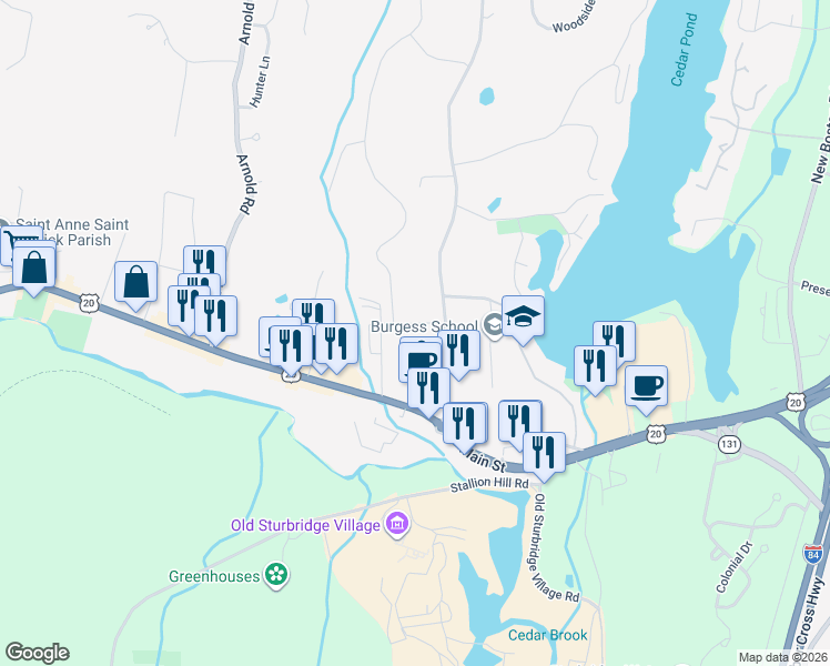 map of restaurants, bars, coffee shops, grocery stores, and more near 4 Cricket Drive in Sturbridge