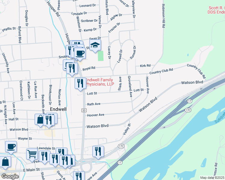 map of restaurants, bars, coffee shops, grocery stores, and more near 409 Corey Ave in Endicott