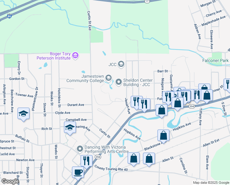 map of restaurants, bars, coffee shops, grocery stores, and more near 525 Falconer Street in Jamestown