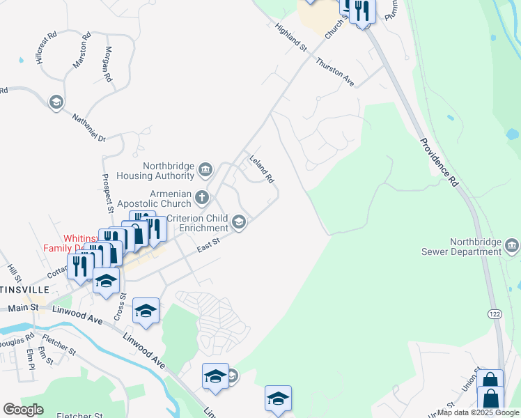 map of restaurants, bars, coffee shops, grocery stores, and more near 173 East Street in Northbridge