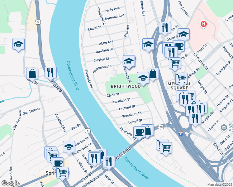 map of restaurants, bars, coffee shops, grocery stores, and more near 2-146 Clyde St in Springfield