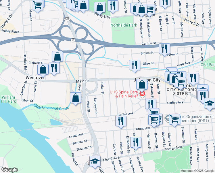 map of restaurants, bars, coffee shops, grocery stores, and more near 460 Main Street in Johnson City