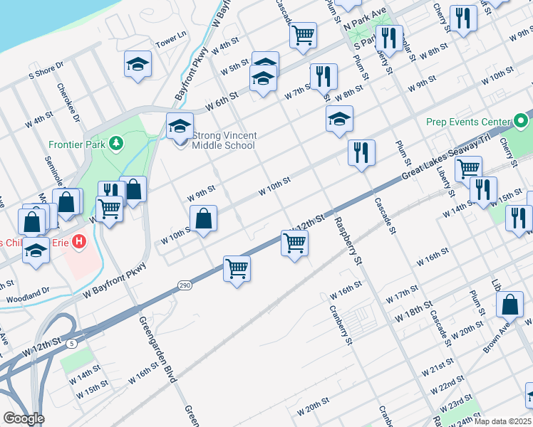 map of restaurants, bars, coffee shops, grocery stores, and more near 1225 27 W 10 Street in Erie