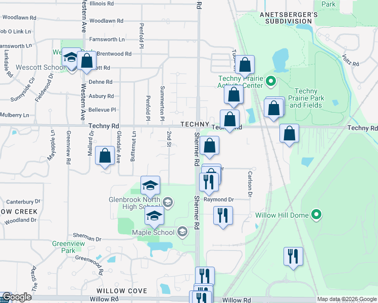 map of restaurants, bars, coffee shops, grocery stores, and more near 2000 Shermer Road in Northbrook
