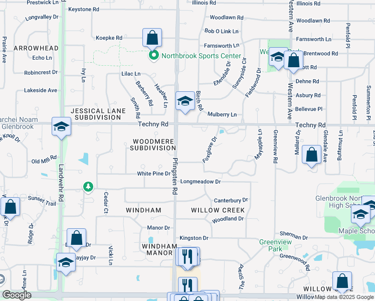 map of restaurants, bars, coffee shops, grocery stores, and more near 2755 Techny Rd in Northbrook