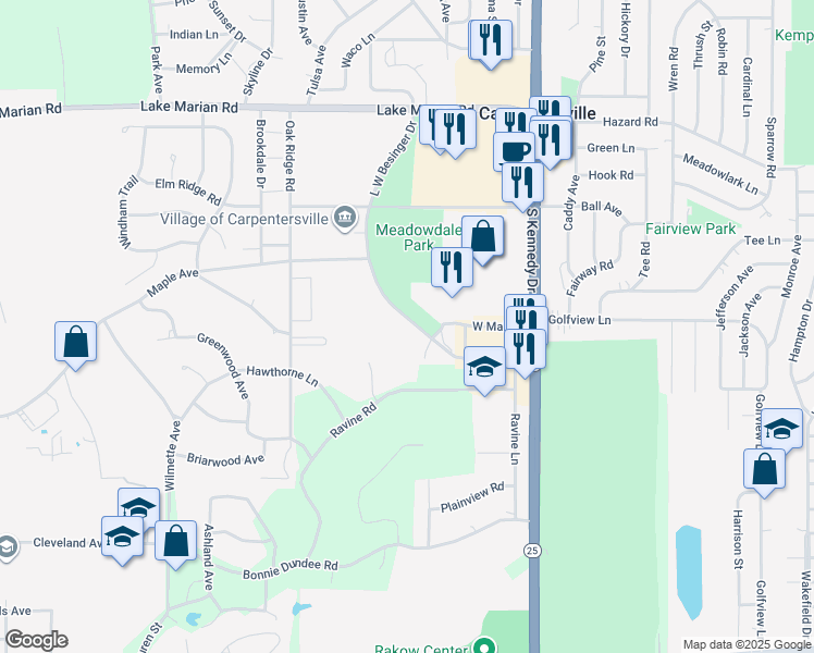map of restaurants, bars, coffee shops, grocery stores, and more near 305 Lw Besinger Drive in Carpentersville