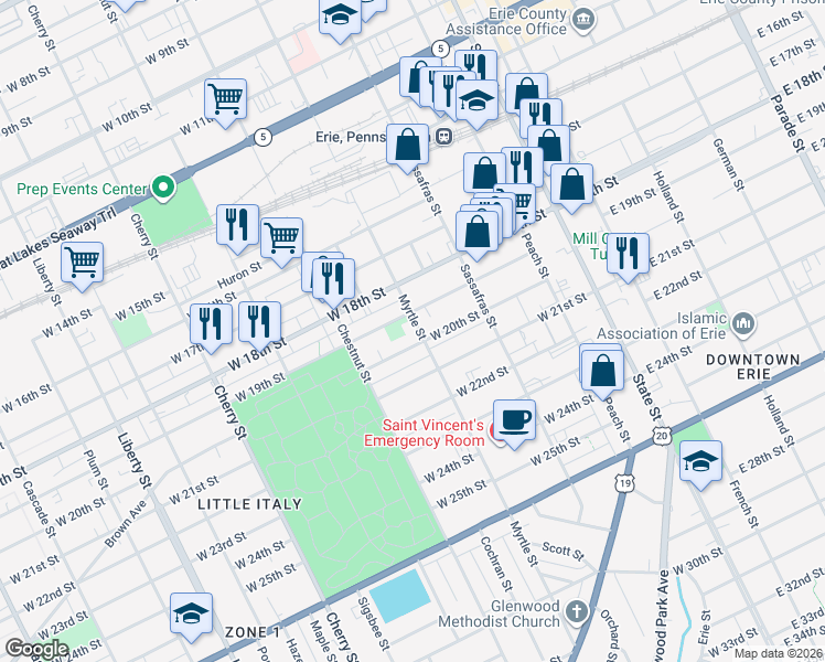 map of restaurants, bars, coffee shops, grocery stores, and more near 1916 Myrtle Street in Erie