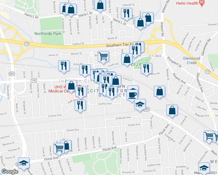 map of restaurants, bars, coffee shops, grocery stores, and more near 215 Main Street in Johnson City