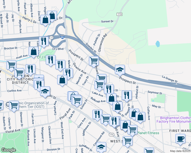 map of restaurants, bars, coffee shops, grocery stores, and more near 112 Glenwood Avenue in Binghamton