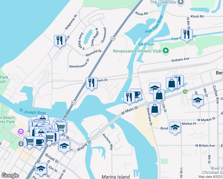 map of restaurants, bars, coffee shops, grocery stores, and more near 230 Cavelier Avenue in St. Joseph