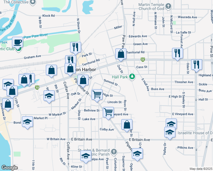 map of restaurants, bars, coffee shops, grocery stores, and more near 315 Summit Street in Benton Harbor