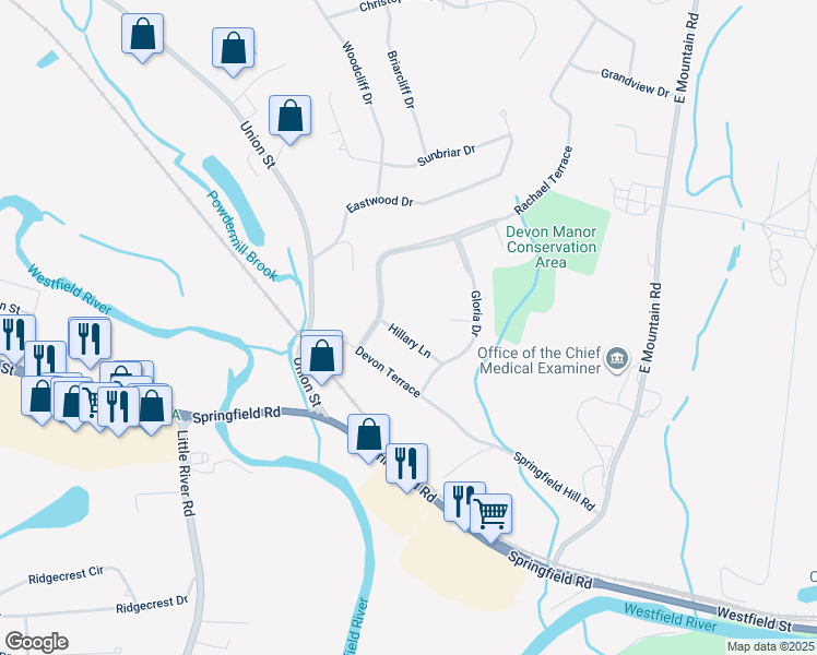 map of restaurants, bars, coffee shops, grocery stores, and more near 19 Hillary Lane in Westfield