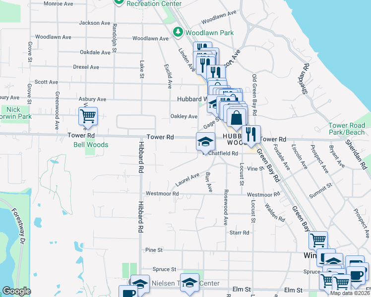 map of restaurants, bars, coffee shops, grocery stores, and more near 1144 Tower Road in Winnetka