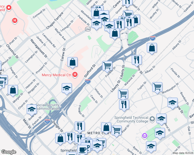 map of restaurants, bars, coffee shops, grocery stores, and more near 22 Crane Street in Springfield