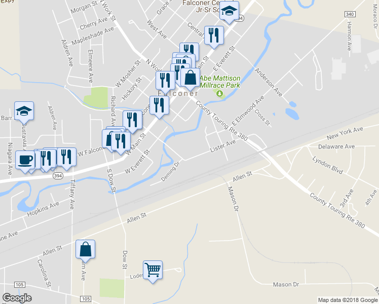 map of restaurants, bars, coffee shops, grocery stores, and more near 260 Lister Avenue in Falconer