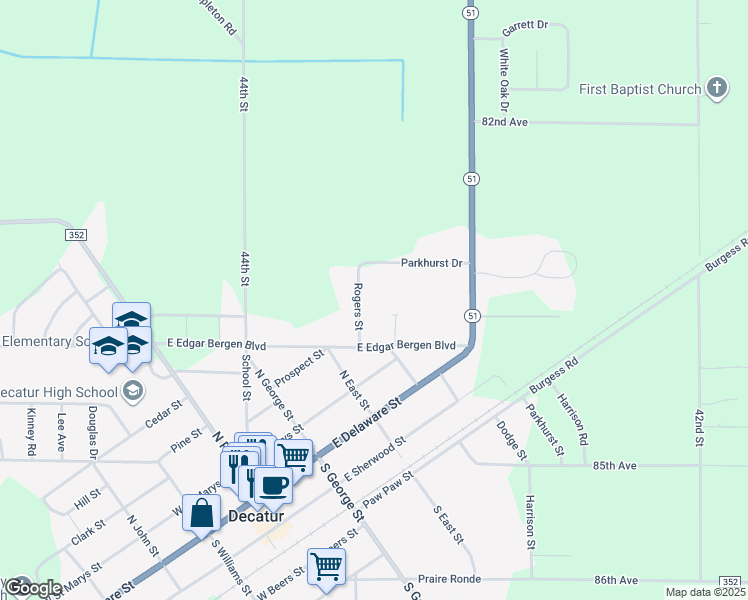 map of restaurants, bars, coffee shops, grocery stores, and more near 83375 Rogers Street in Decatur