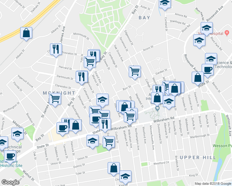map of restaurants, bars, coffee shops, grocery stores, and more near 100 Andrew Street in Springfield