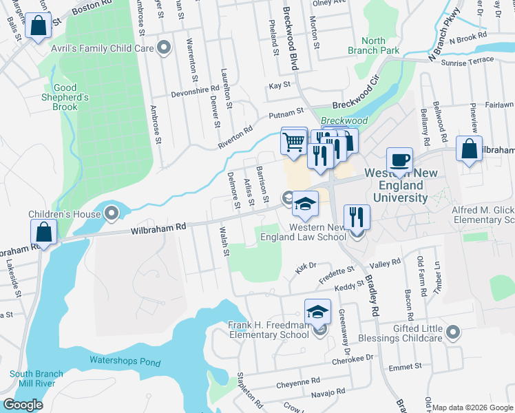 map of restaurants, bars, coffee shops, grocery stores, and more near 28 Arliss Street in Springfield