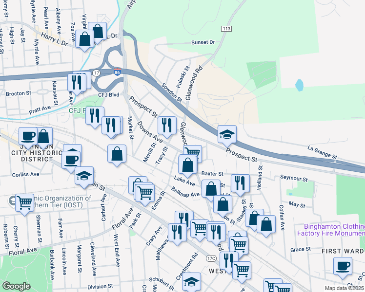 map of restaurants, bars, coffee shops, grocery stores, and more near 112 Glenwood Avenue in Binghamton