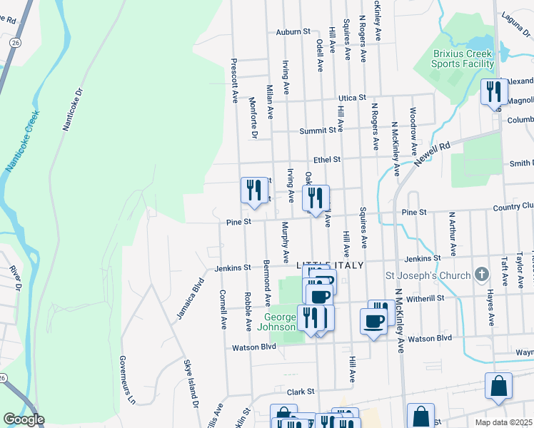 map of restaurants, bars, coffee shops, grocery stores, and more near 409 Milan Avenue in Endicott