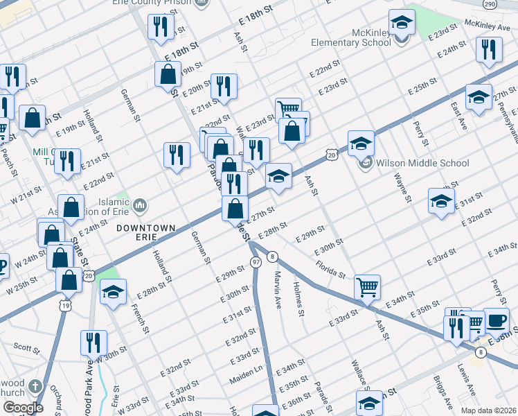 map of restaurants, bars, coffee shops, grocery stores, and more near 2616 Wallace St in Erie