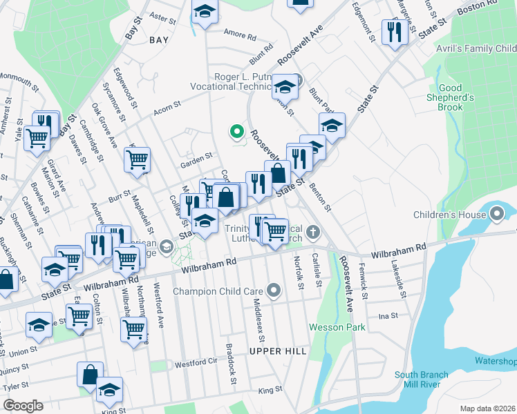 map of restaurants, bars, coffee shops, grocery stores, and more near 1375 Carew Street in Springfield
