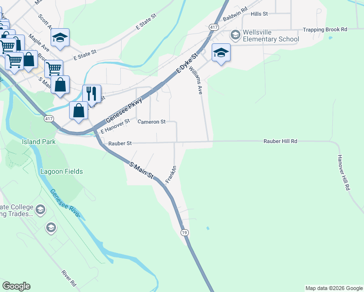 map of restaurants, bars, coffee shops, grocery stores, and more near 177 Rauber Street in Wellsville